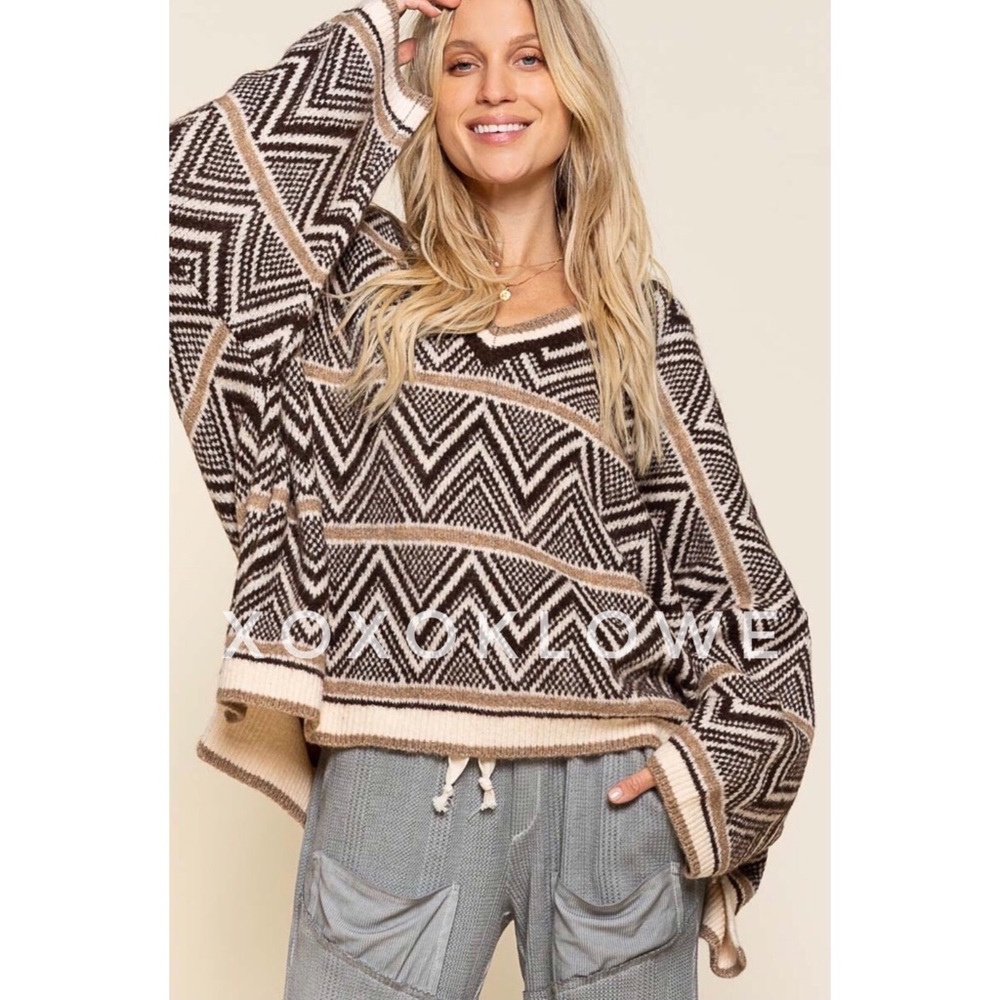 POL Brown Multi Aztec Pattern V Neck Sweater Oversized Slouchy Fit